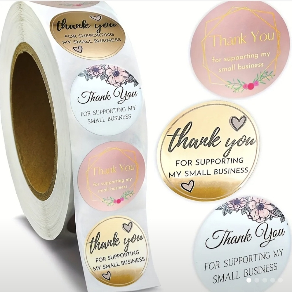 Thank You Small Business Support Stickers - Gold, Pink, White